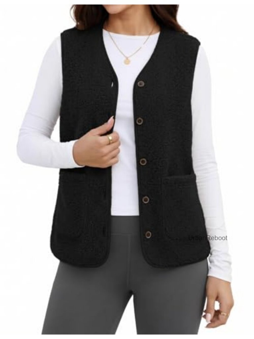 Fleece Fuzzy Vest V Neck Sleeveless Button Up Warm Winter Outerwear